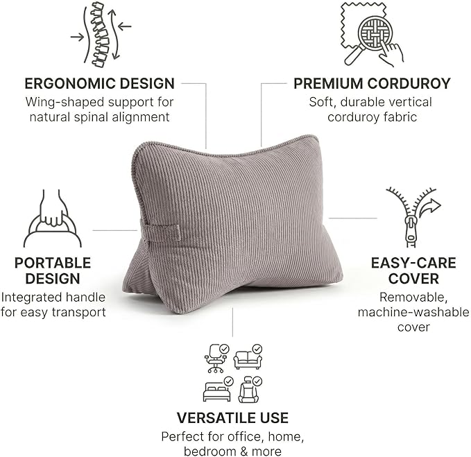 Pat. Pend. Corduroy Lumbar Support Pillow for Watching TV, Reading & Gaming, Triangle Cushion for Sofa, Armchair, Couch or Bed, Removable Washable Cover, Light Gray