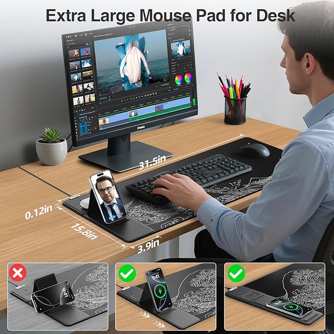 Wireless Charging Mouse Pad with Foldable Phone Holder, 31.5"x15.8" Large Desk Mat for Laptop/Keyboard, Waterproof Ultra-Smooth Surface, Non-Slip Base, Black Wave