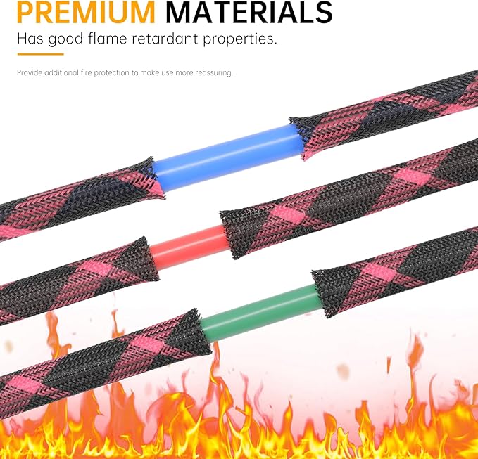 Braided Cable Sleeve, 33ft Expandable Wire Loom for Automotive Wiring Harness & PC Case, Pet-Proof Chew Resistant Cord Protector, Flexible Cable Management (Black-Pink, 8mm (5/16"))