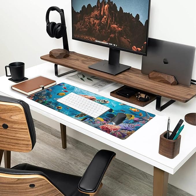 XL Mouse Pad,Sea Turtle with Colorful Fish Large Gaming Mouse Pad,The Underwater World Desk Mat,Extended Big Computer Keyboard Desk Pad with Non-Slip Base Stitched Edges 31.5"x11.8"