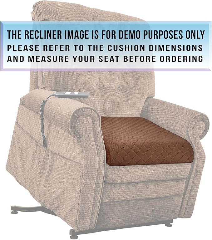 Medium-Soft 20x20x4 Memory Foam Recliner Chair Seat Cushion for Long Sitting - Armchair Pad with Washable Velvety Cover with Waterproof Layer & Non-Slip Base for Seniors & Elderly - Brown