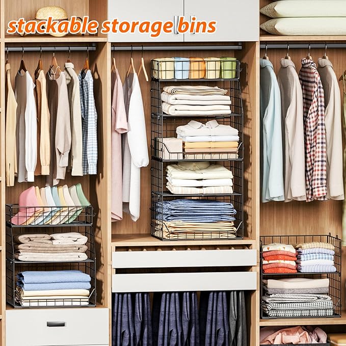 Jakyitvi 5-Tier Stackable Closet Organizers and Storage with Small Basket for Hats,Closet Storage Basket with Adjustable Dividers and 4 hooks,Clothes Shelf Bins for Closet Organizer System,Black