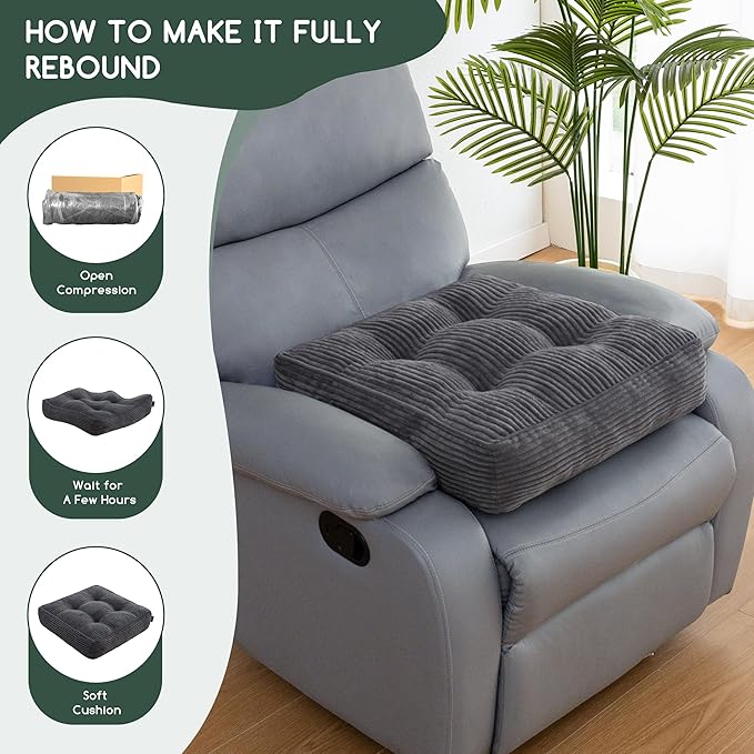 HIGOGOGO Tufted Corduroy Recliner Seat Cushion for Elderly, 20x20x5 Inch Large Square Seat Cushion for Recliner Chair, Floor Pillow, Office Chair, Car, No Pressure on Thighs, Dark Grey