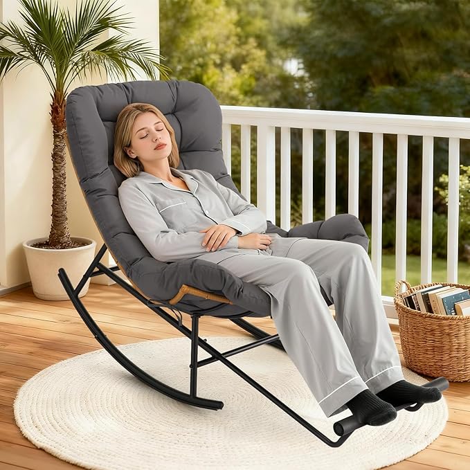 Garvee Papasan Rocking Chair with Foot Rest, Oversized Papasan Chair with Thick Removable Cushion and Metal Frame, Lounge Chairs and PE Rattan Rocker for Patio, Porch, Garden, Lawn, Living Room