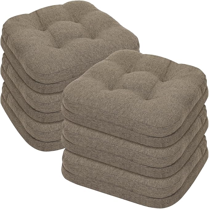 baibu Set of 6 Dining Chair Cushions, Dual-Layer Patent Design Memory Foam Kitchen Chair Cushions, Non-Slip Seat Pads with Ties, 16.5 x 16.5 x 3.5in, 6 Pack, Brown