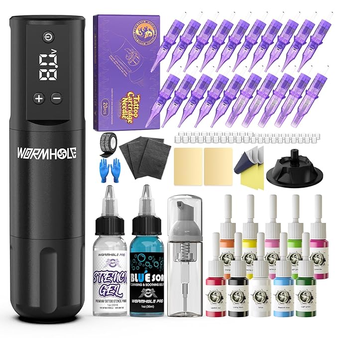Wormhole Wireless Tattoo Gun Kit for Beginners – Complete Tattoo Kit with Tattoo Cartridges Needle, Tattoo Ink, Rotary Tattoo Pen with 1800mAh Tattoo Battery Tattoo Machine Starter Set for Practice