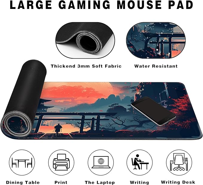 Long Gaming Mouse Pad Extended Anime Large Desk Pad with Non-Slip Base Full Keyboard Mat with Stitched Edges for Gaming and Office 31.5 x 11.8 inches (Warrior)