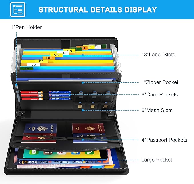 Hontom Fireproof Accordion File Organizer with Lock, 13 Pockets Expanding File Folder with Handle, Portable Business Document Organizer with Secure Storage for Letter A4 Files