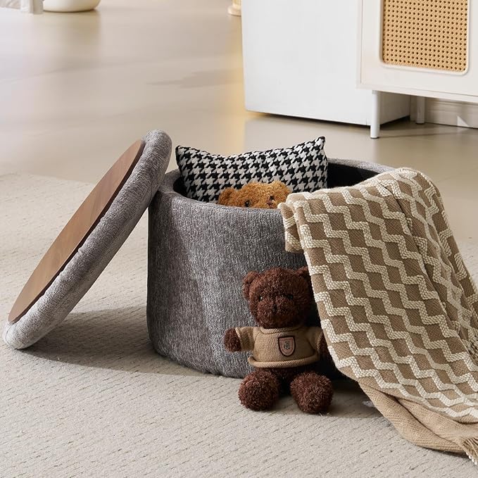 Modern Round Storage Ottoman, Chenille Ottoman Foot Stools, Ottoman Footstool with Removable Lid, Storage Ottoman for Living Room, Multi-Functional Footrest, Dark Grey