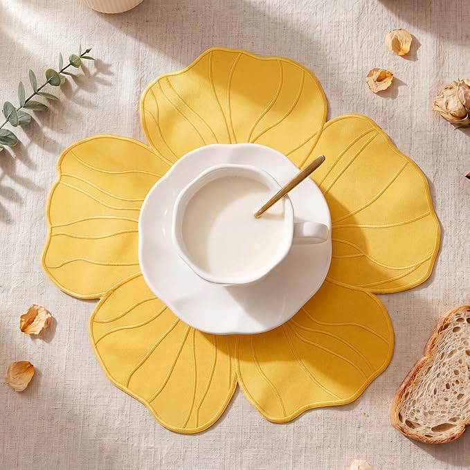 Moukeren Set of 6 Elegant Floral Placemat 16'' Flower Shaped Place Mat Flower Embroidery Table Mat for Wedding Bridal Shower Baby Shower Tea Party Kitchen Dining Table Decor(Yellow)