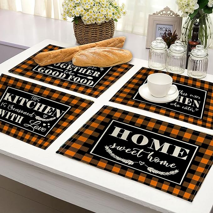 4Pack Farmhouse Decor Placemats Orange White Buffalo Plaid Kitchen Inspirational Quotes Decor Table Mats Waterproof Heat Resistant Washable Non-Slip Place Mats for Dinner Kitchen Decor Table 12”×16”