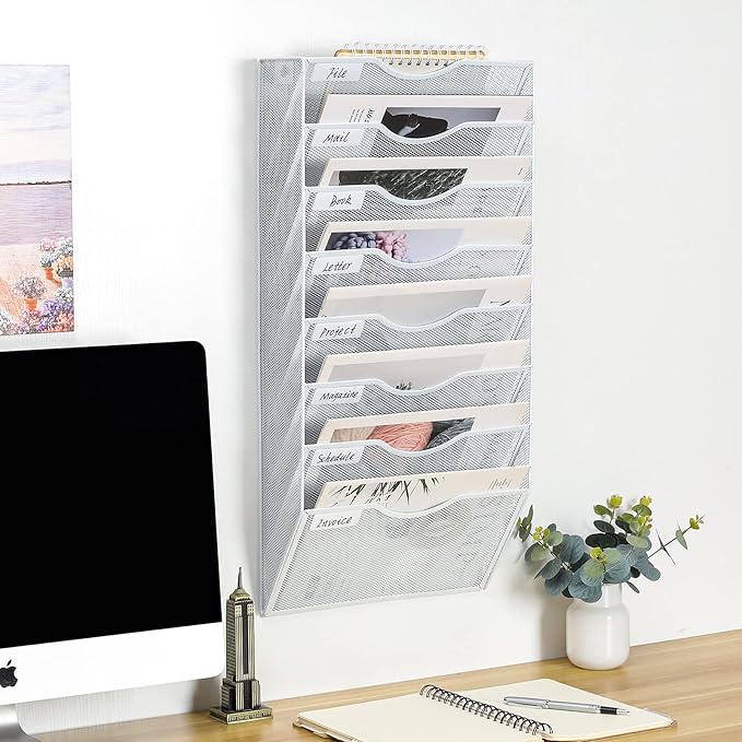 PAG Hanging Wall File Holder Organizer Mail Sorter Literature Rack for Office, 8 Pockets, White