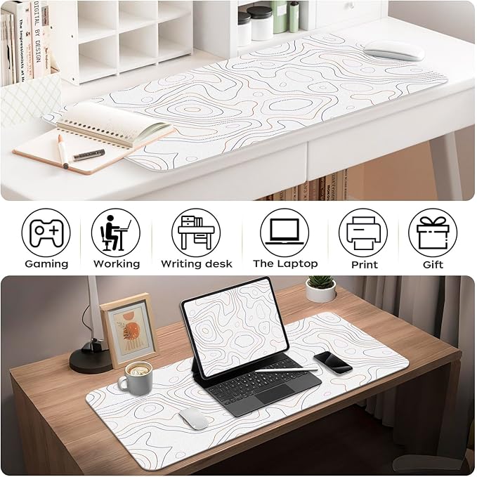 White Topographic Map Desk Mat 35.4" x 15.7", PU Leather Computer Laptop Mat, Non-Slip Waterproof Mouse Keyboard Pad, Large Desk Blotter, Leather Writing Matt for Work/Home 35.4"x 15.7", Topographic