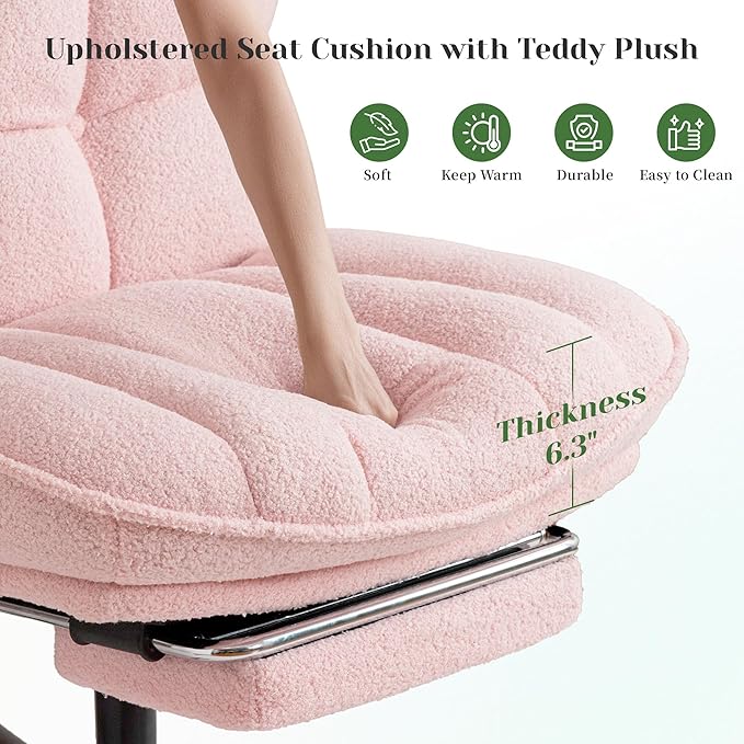 DurayLoly Criss Cross Office Chair with Footrest, 6.3" Thick Cushioned Cross Legged Office Chair with Wheels, Reclining & Height Adjustable, Swivel Armless Vanity Chair for All-Day Comfort (Pink)
