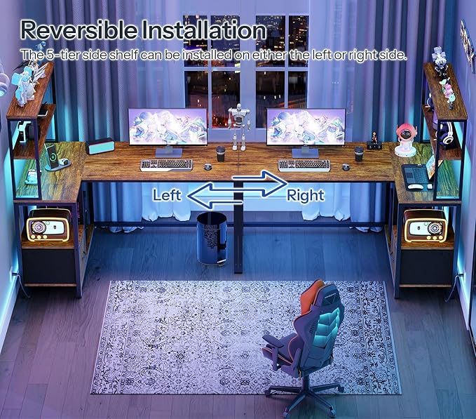 HOOBRO Computer Desk Bundle, L Shaped Gaming Desk with LED Light & Power Outlet, Storage Shelves & Drawer, 3 Hooks for Study Room, Home Office, Rustic Brown and Black BF40UDN01-BF18UDDN01