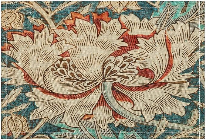 William Morris Floral Placemats Vintage Flower Art Style Boho Chic Retro Floral Linen Washable Table Mats Stain Heat-Resistant Desktop Decor Place Mats for Home Kitchen Dining Party 12x18 in 6 Pcs