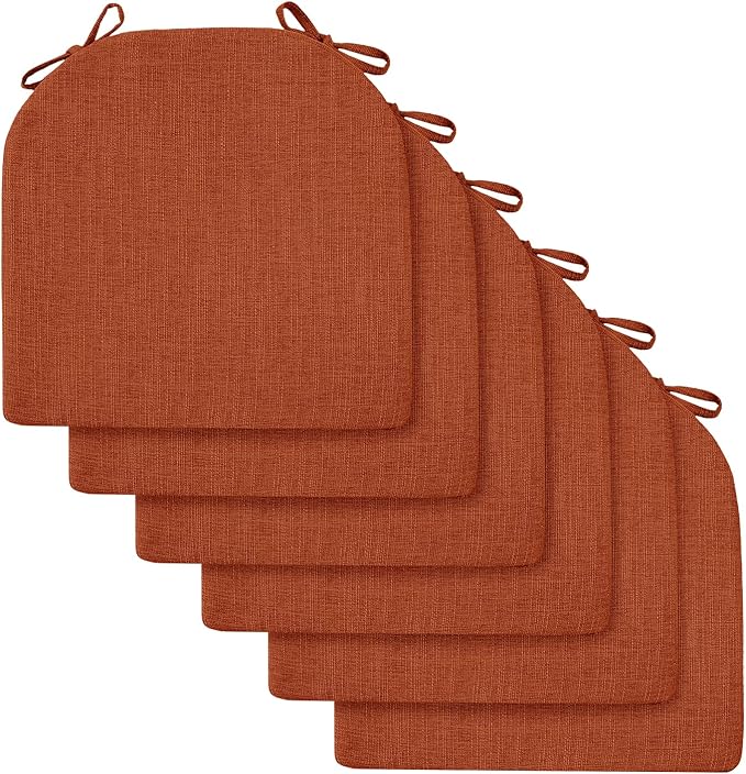 downluxe Indoor Chair Cushions for Dining Chairs, Soft and Comfortable Textured Foam Kitchen Chair Pads with Ties and Non-Slip Backing, 16" x 16" x 2", Orange, 6 Pack