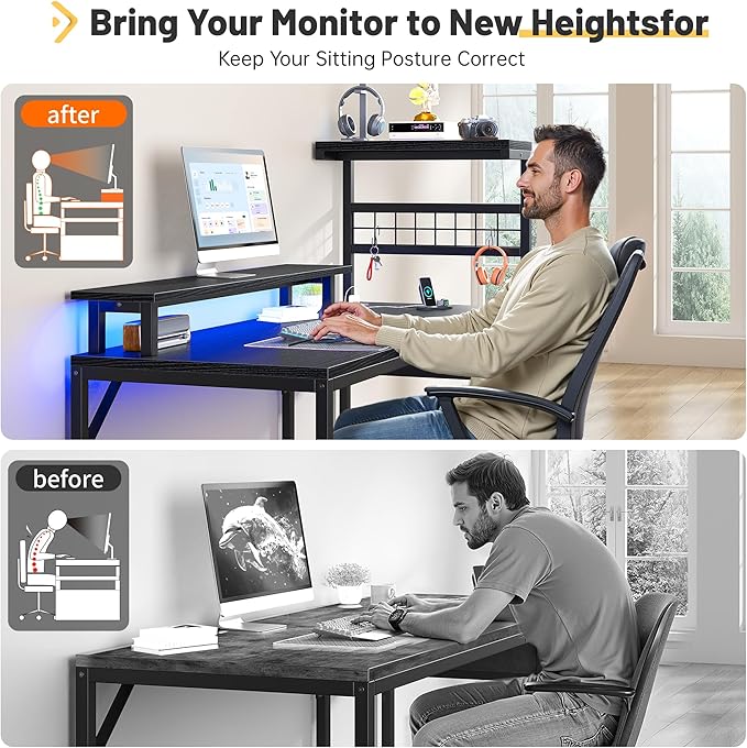 EnHomee 40" Gaming Desk with Power Outlets & LED Lights, Computer Desk with Drawer & Storage Shelve, Home Office Desk with Monitor Stand for Living Room, Study Room, Gaming Room, Black