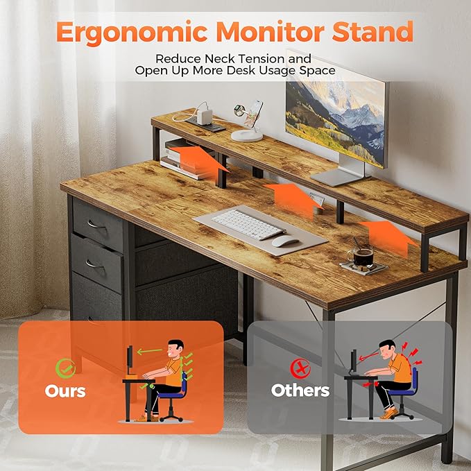 Mericonia 63 inch Computer Desk with Storage Drawers & Monitor Stand, Reversible Gaming Desk with LED Lights & Power Outlets, Large Gaming Table for Home Office