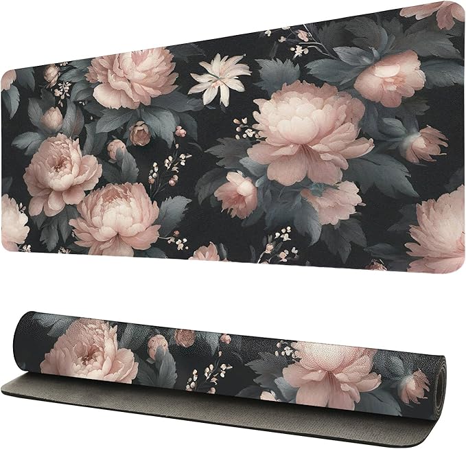 Luxurious Peony Floral Desk Mat, Elegant PU Leather Desk Pad for Women - Large Non-Slip Office Mat for a Stylish & Protected Gaming & Home Workspace(23.6x11.8 Inch)