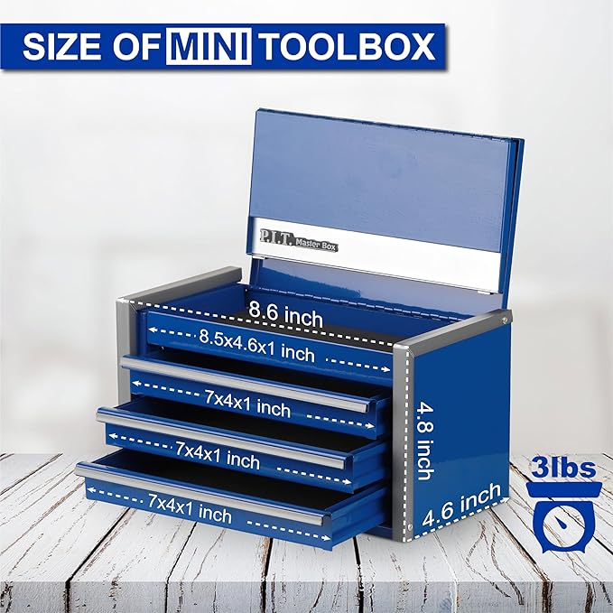 P.I.T. Mini Tool Box 8.6"W X 4.6"D, Portable 3 Drawer Steel Stackable Blue Tool Box with Magnetic Tab Locking, Blue Micro Top Chest with Liner for Tools Storage and Organizers, Home DIY