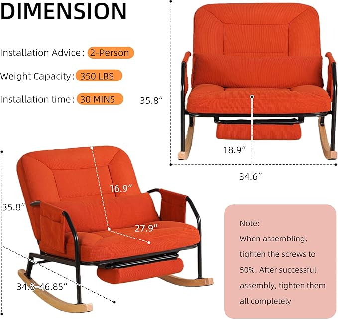Oversized Reclining Rocking Chair with Foot Rest, 110°–160° Adjustable Backrest, Upholstered Armchair with Side Pocket for Nursery and Living Room, Brown