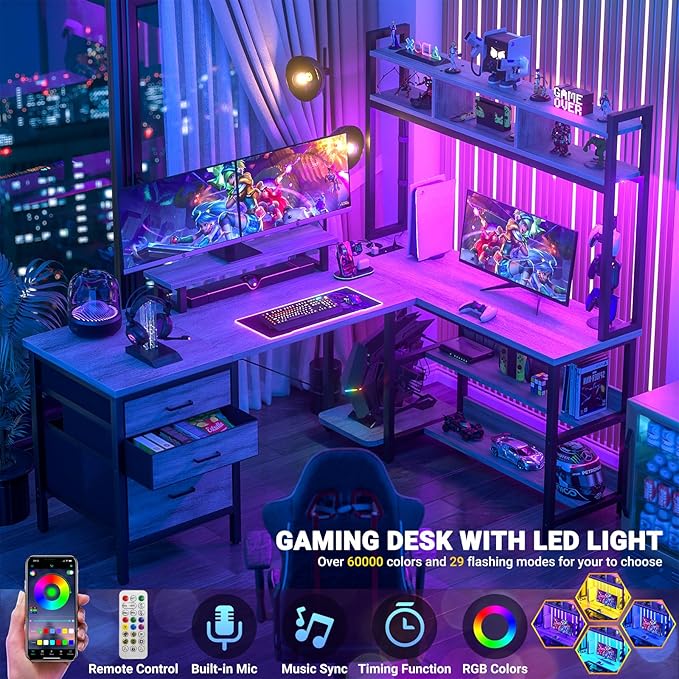 Aheaplus L Shaped Desk with Hutch, Gaming Desk with Led Lights, Reversible Computer Desk with Power Outlet, Corner Desk with File Drawer & Monitor Stand, Storage Shelves for Home Office, White Oak