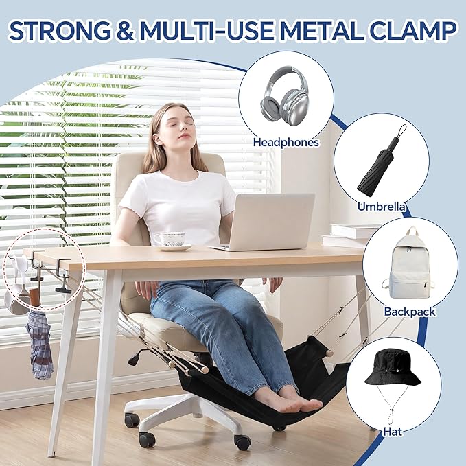 BALAPET Large Foot Hammock Under Desk Footrest, Adjustable Office Foot Rest Sling with Hooks Portable Leg Rest for Desk for Study and Relaxing,Machine Washable