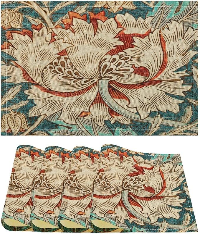 William Morris Floral Placemats Vintage Flower Art Style Boho Chic Retro Floral Linen Washable Table Mats Stain Heat-Resistant Desktop Decor Place Mats for Home Kitchen Dining Party 12x18 in 6 Pcs