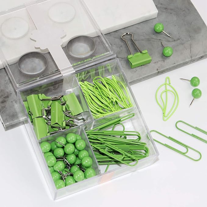 Green Desk Accessories Kit - Cute Leaf & Heart Paper Clips, Binder Clips, Push Pins in Square Organizer Box - Aesthetic Office Supplies, Teacher Desk Must Haves for Women, Work Space Decor (Green)