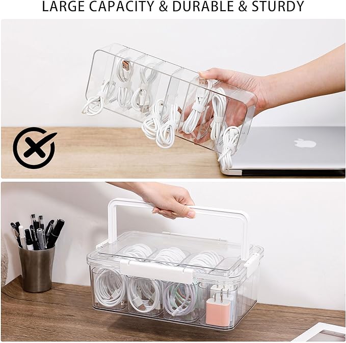 Large Cable Storage Box with Lid, Plastic Power Cords Organizer for Desk Drawer, Clear Home Office Container for Cell Phone Charger, Art Crafts and Stationery
