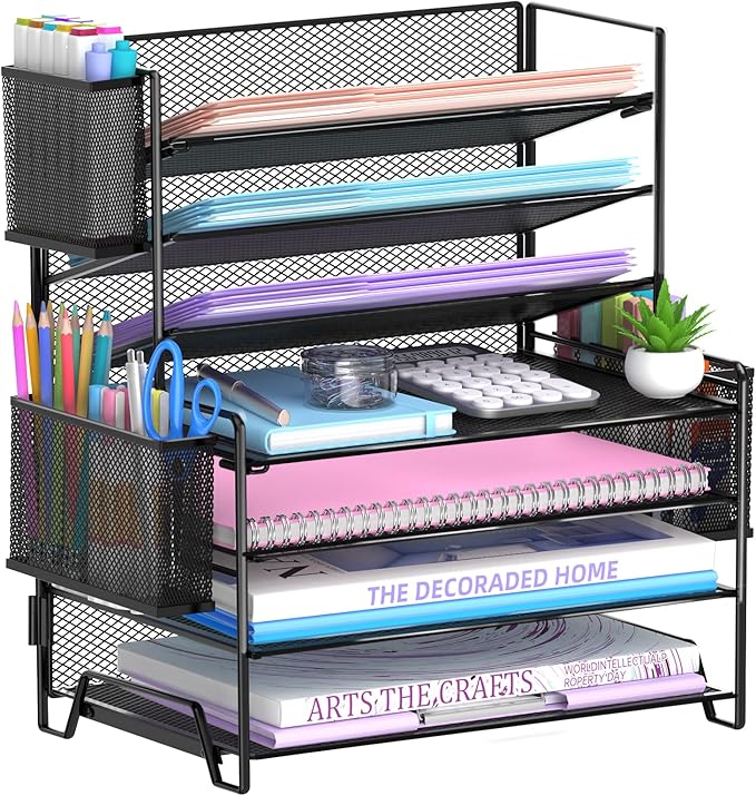 SUPEASY 7 Tier Desk Organizer with 3 Pen Holders, Heavy Duty Metal Letter Tray Paper File Organizer for Home Office School Classroom, Black