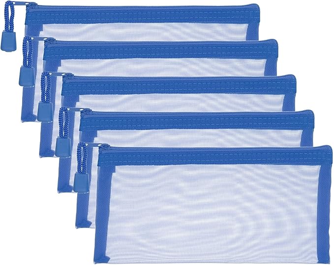 PATIKIL A6 Mesh Zipper Pouch Bags, 5 PCS Mesh Bags with Zipper Plastic Storage Pocket for Organizing File Beads Office Home Supplies, 10x20cm, Blue