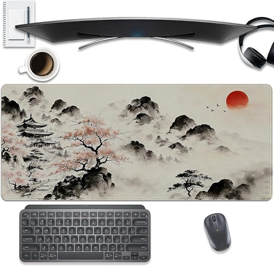 Japanese Ink Painting Mouse Pad Desk Pad, 27.5x11.8 in Japanese Style Mouse Pad Extended Keyboard Mousepad with Stitched Edges, Waterproof Non-Slip Rubber Base for Office Computer Laptop Home