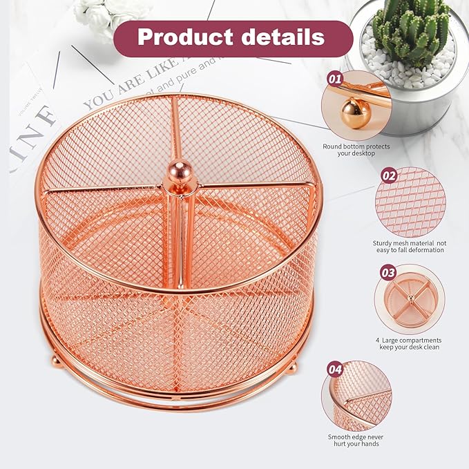 Pen Holder for Desk,360° Rotating Mesh Desk Organizer with Large Capacity 4 Compartments,Multi Functional Desk Accessories and Makeup Brush Holder for Office School Home (Rose Gold)