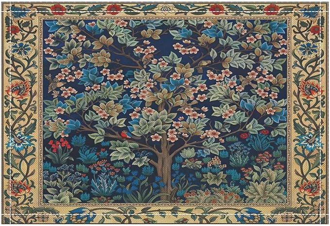 William Morris Floral Placemats Vintage Tree Art Style Boho Chic Retro Tree Linen Washable Table Mats Stain Heat-Resistant Desktop Decor Place Mats for Home Kitchen Dining Party 12x18 in 6 Pcs