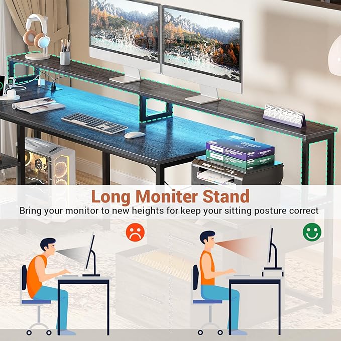 Aheaplus L Shaped Desk with Power Outlet, Reversible L Shaped Computer Desk with File Drawer & Monitor Stand, Gaming Desks with LED Strip, Home Office Desks with Storage Shelf, Grey Oak