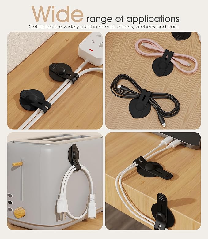 Cable Management Under Desk, Adjustable Self-Adhesive Silicone Cable Ties Cord Organizer, Reusable Heavy-Duty Cord Holder Under Table for Office, Home, School (20Pcs-Black)