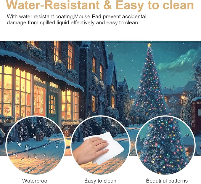 Large Extended Gaming Mouse Pad - Winter Christmas Night Scene, Soft Fabric Desk Mat with Non-Slip Rubber Base, Extra Long Mousepad for Gaming, Office, Keyboard & Mouse, 35.43 x 15.75 in