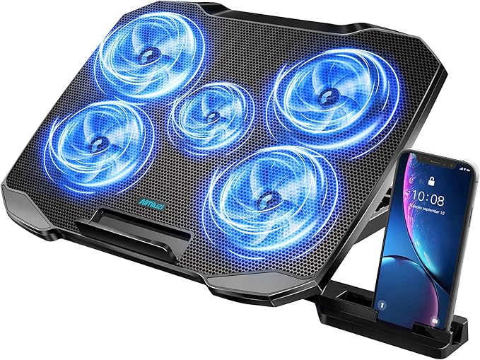 AIMIUZI Laptop Cooling Pad Laptop Cooler Stand, Laptop Fan Cooling Pad for 12-15.6 Inch Laptop Notebooks, 5 Quiet Fans, 5 Angle Adjustable Laptop Cooling Stand (Black)