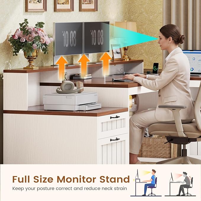 SEDETA Farmhouse L Shaped Desk with Drawers, 59" Office Desk with File Drawers, Wood Corner Computer Desk with Storage Cabinet, Home Office Desk with Monitor Stand & Power Outlets, Brown and White