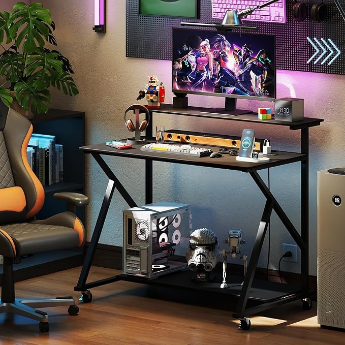 Tangkula 39.5" Mobile Computer Desk with Power Outlets, Rolling Laptop Workstation with Monitor Stand & Storage Shelf, Gaming Writing Desk with Lockable Wheels for Home Office Bedroom (Black)