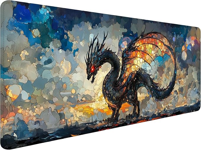 Black Dragon Desk Pad Mouse Pad Stained Glass Fantasy Painting Epic Large Gaming Mouse Mat with Stitched Edges,Non-Slip Waterproof Rubber Base Mous Mat Office Computer Keyboard Laptop Home