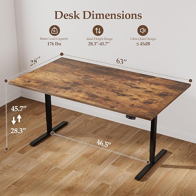 Klicelor 63 x 28 Electric Standing Desk, Sit Stand Up Home Office Desk, Height Adjustable Deep Cumputer Table with Memory Presets and Hooks, Two Pieces, Rustic Brown