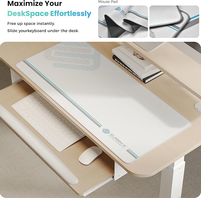 EUREKA ERGONOMIC 55 Inch L Shaped Electric Standing Desk, Height Adjustable Computer Gaming Desk with Keyboard Tray, Mouse Pad, Home Office Work, Maple Wood, Left Side
