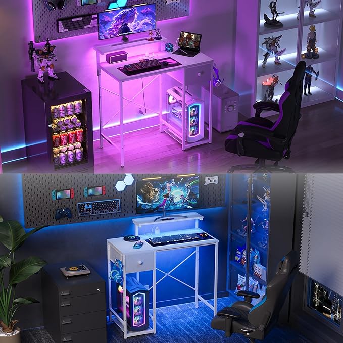 X-cosrack 33.5" Small Computer Desk with LED Lights & Outlets, Small Gaming Desk with Monitor Stand & CPU Stand, Teen Study Writing Table with Storage Drawer, Side Hooks for Bedroom, Home Office White