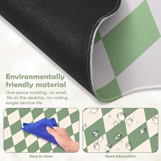 Copkim 1 Pcs Scalloped Green Checkered Desk Mat 31.5 x 11.8 Inch Large Cute Mouse Pad Computer Mat Non Slip Waterproof Rubber Base with Border Stitching Soft Keyboard Pad for Home Office Gaming Makeup