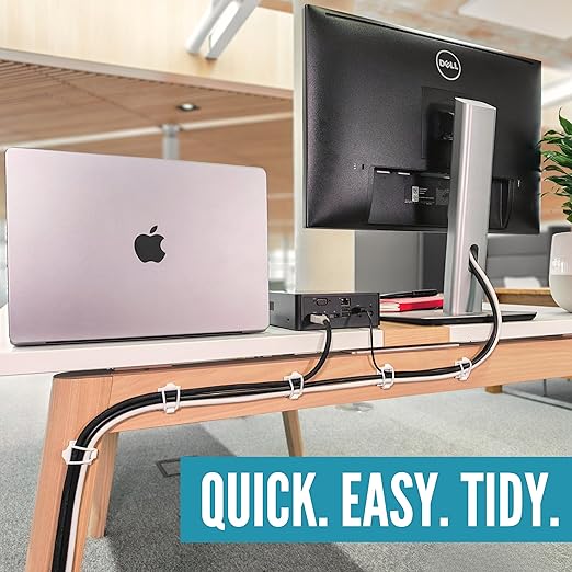 [Made in the UK] 10-Pack Adjustable Elastic Self-Adhesive Cable Tidy Clips, Cable Management Organiser for Office, Home, Under Desk, Behind TV, Charging Phone, Laptop, PC, HDMI, USB (WHITE)