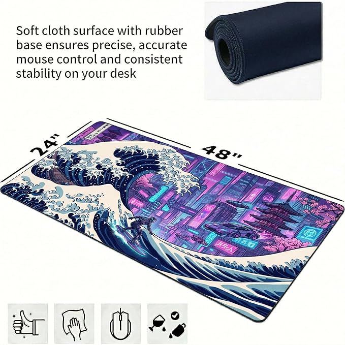 Cyberpunk Extended Mouse Pad 48x24in, Neon City Wave Gaming Desk Mat, Anti-Slip Rubber Base Mousepad for PC Gamers & Streamers