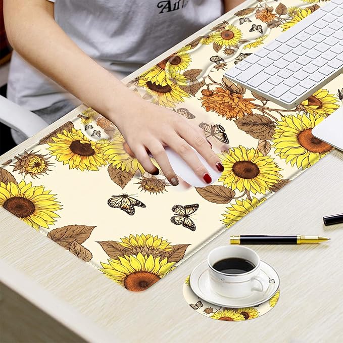 Ergonomic Mouse Pad Set with Wrist Support for Keyboard and Wrist Rest for Mouse, Memory Foam Comfort, Non-Slip Large Desk Mat for Home Office Pain Relief,Vintage Butterfly Sunflower